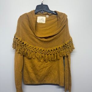 Angel Of The North Cashmere Blend Mustard Cowl Layered Shawl Attached Sweater
